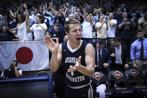  Alex Mitola celebrates GWâ€™s NIT quarterfinal victory over Florida. Hatchet File Photo by Dan Rich